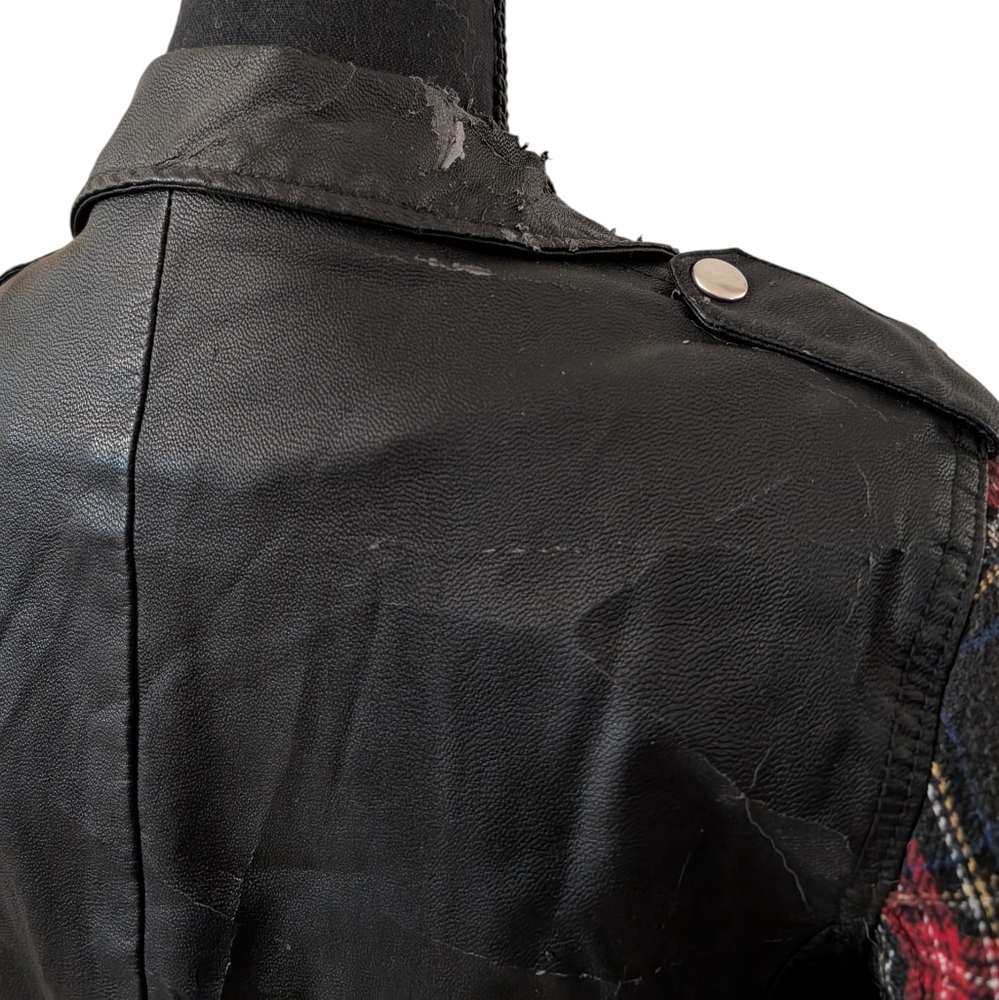 FREE! Faux Leather Jacket With Plaid Sleeves - Picture 6 of 10